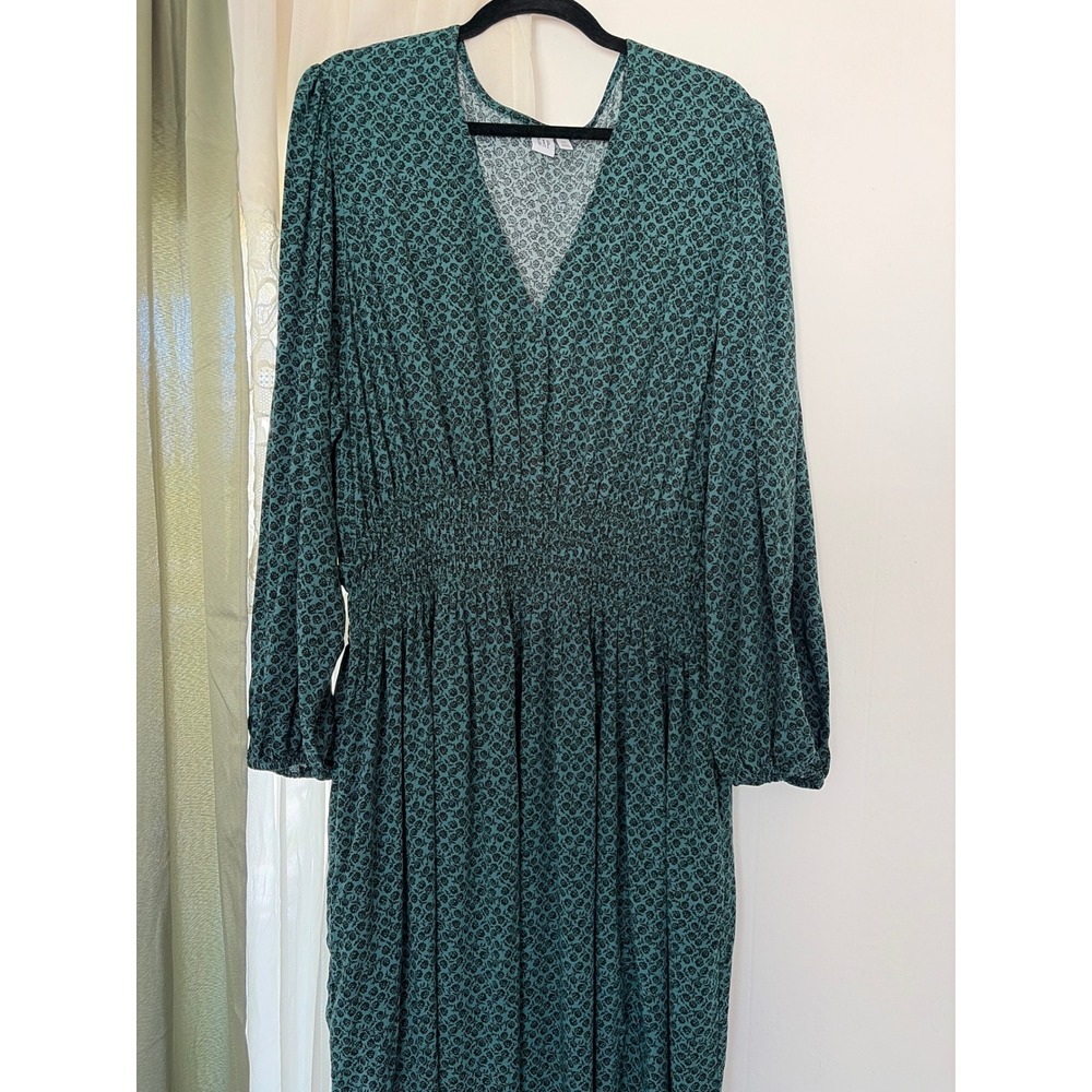 Gap Maxi Dress Womens XXL Green Smocked Waist Floral Long Sleeve V-Neck Forest - Picture 2 of 9
